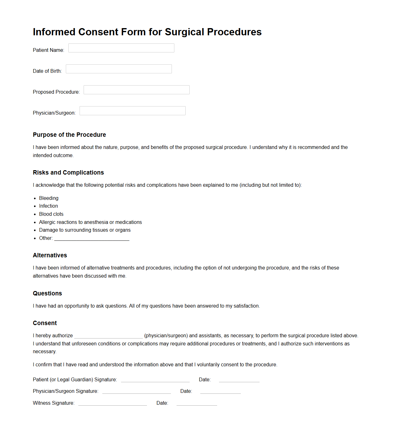 Informed Consent Form for Surgical Procedures