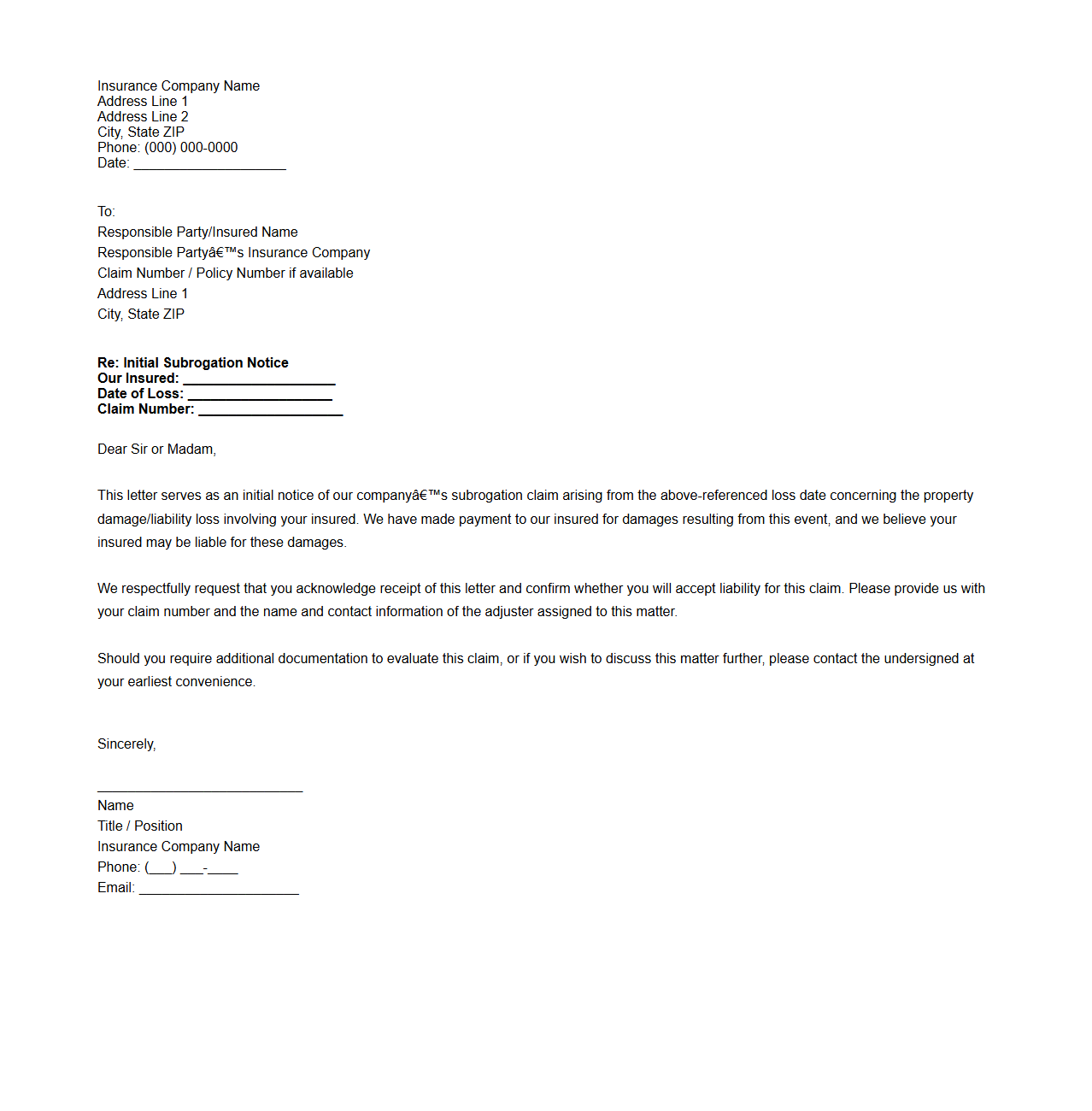 Initial Subrogation Letter for Liability Claim