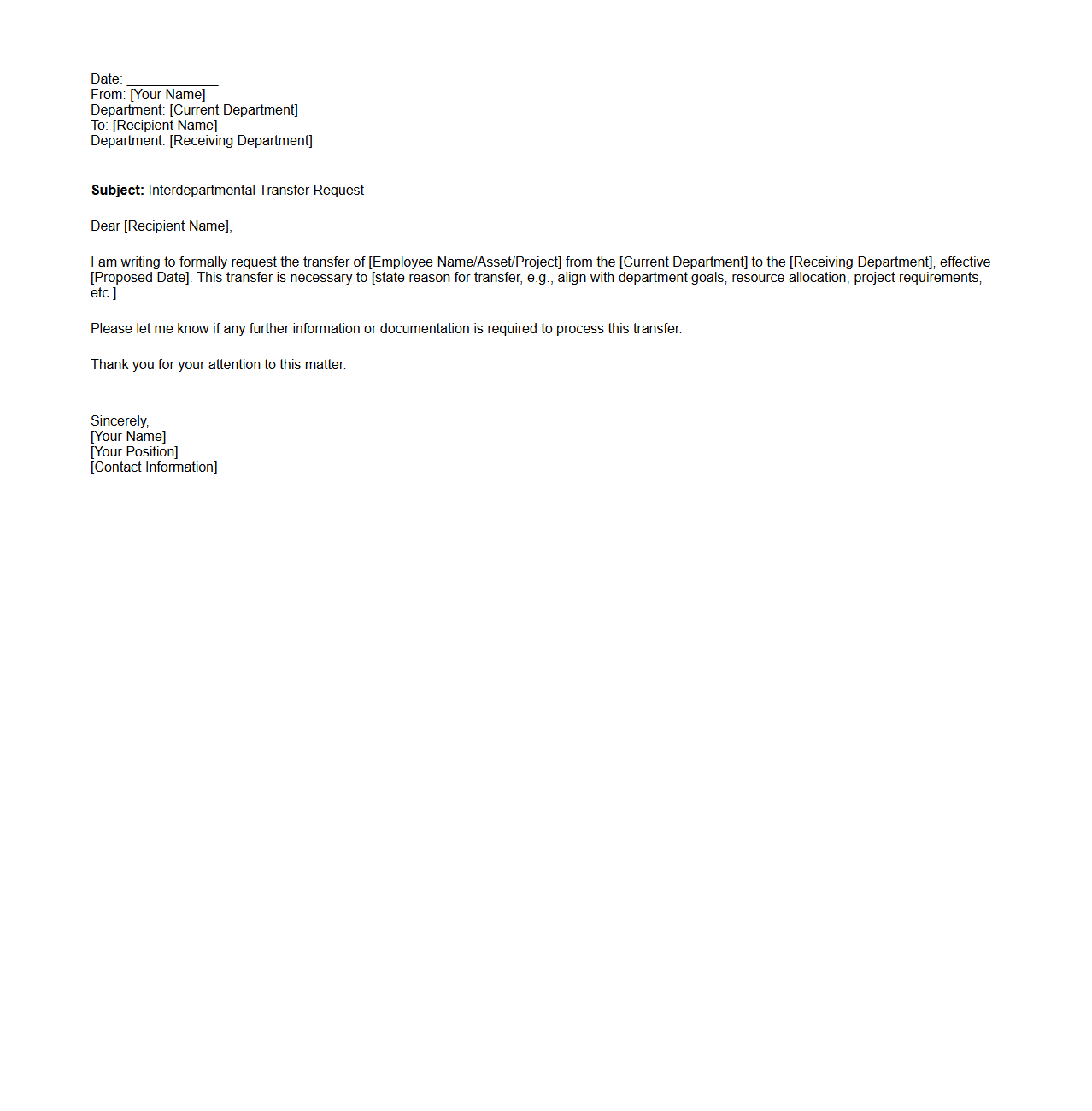 Interdepartmental Transfer Letter Example