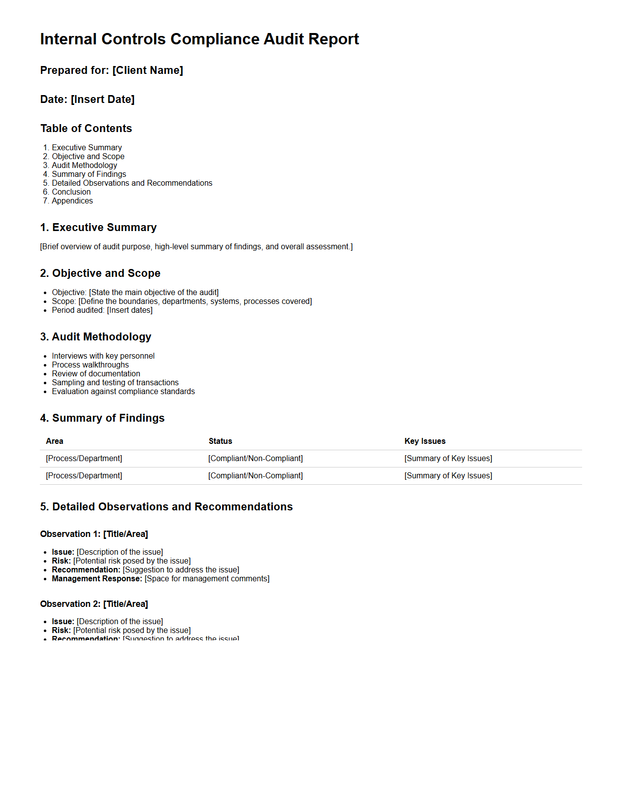 Internal Controls Compliance Audit Report Outline for Consulting