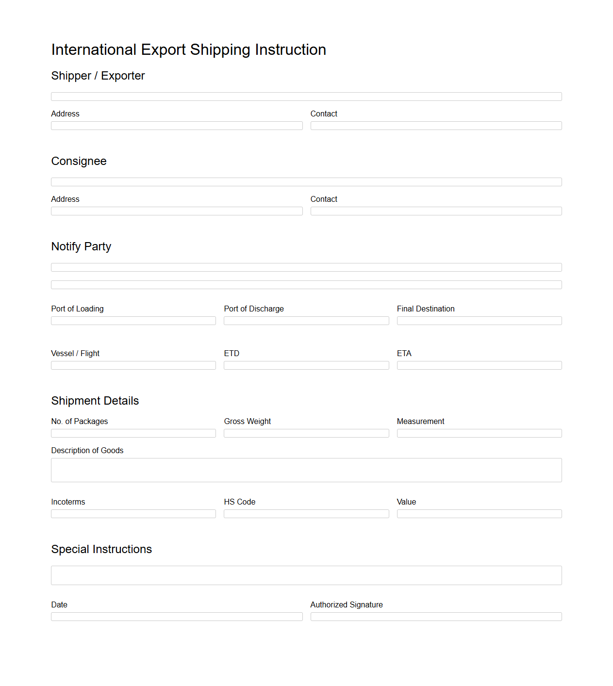 International Export Shipping Instruction Format