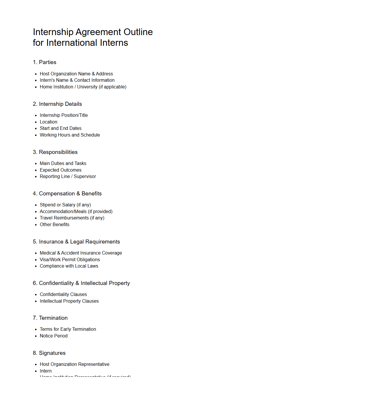 Internship Agreement Outline for International Interns