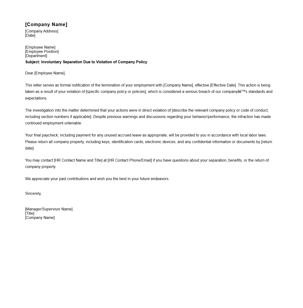 Involuntary Separation Letter for Violation of Company Policy