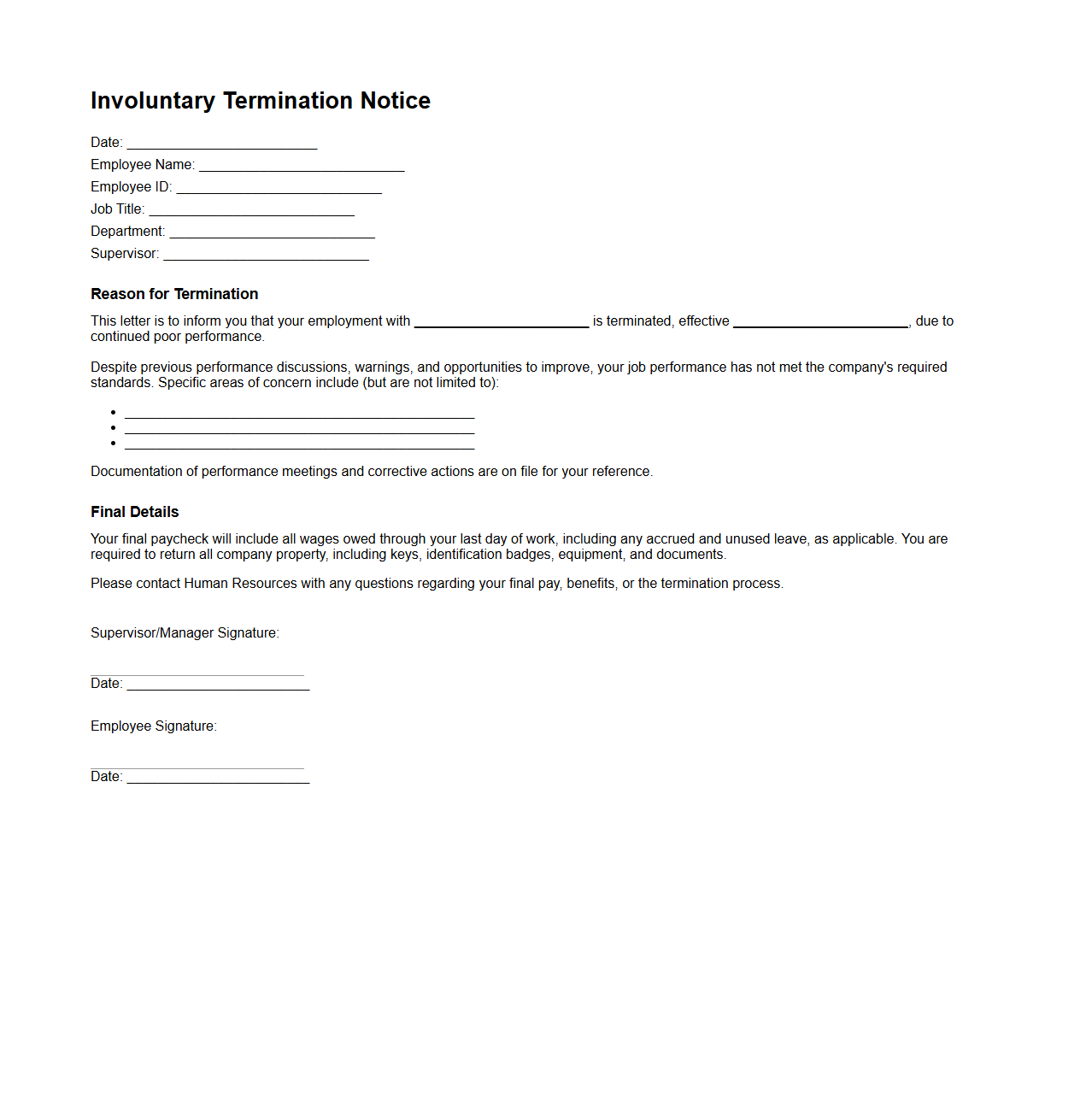 Involuntary Termination Notice Template for Poor Performance