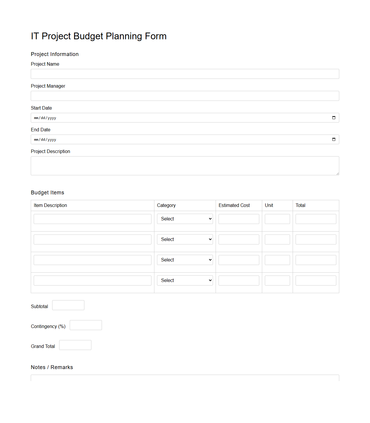 IT Project Budget Planning Form
