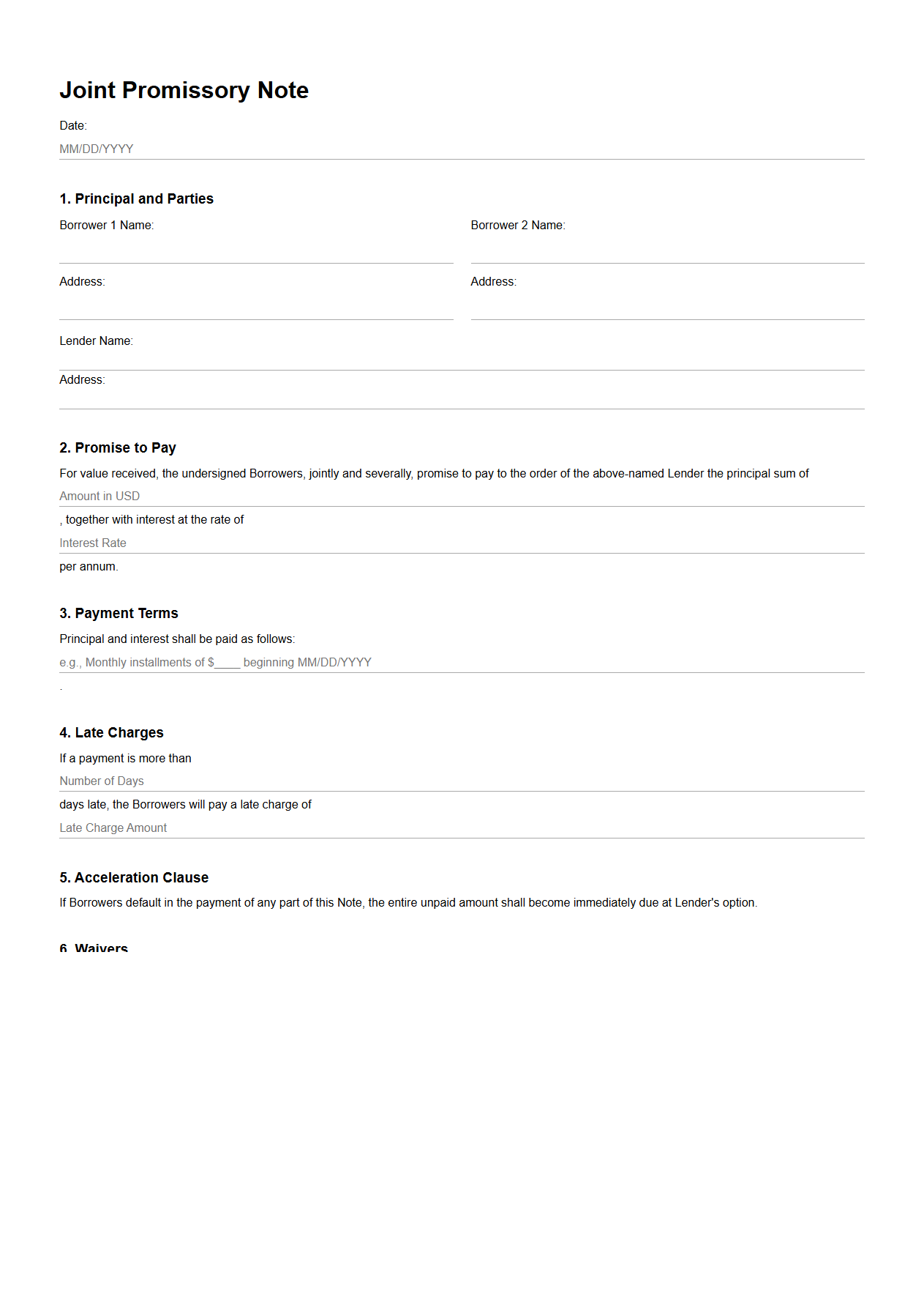 Joint Promissory Note Example for Multiple Borrowers