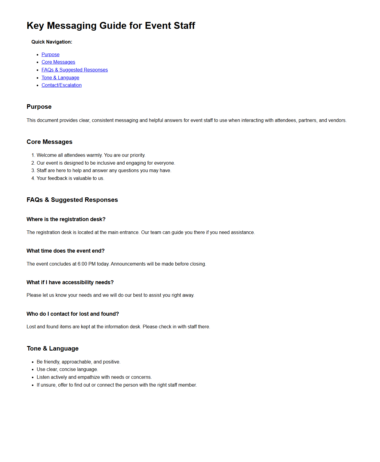 Key Messaging Guide for Event Staff