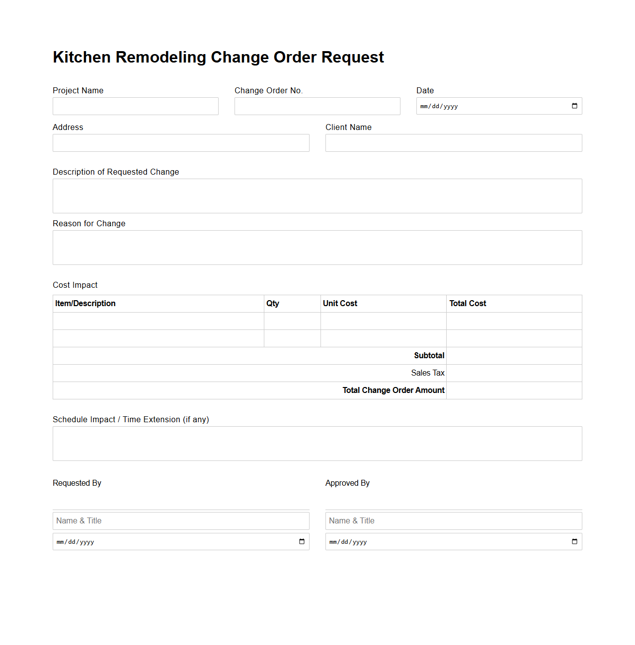 Kitchen Remodeling Change Order Request Template