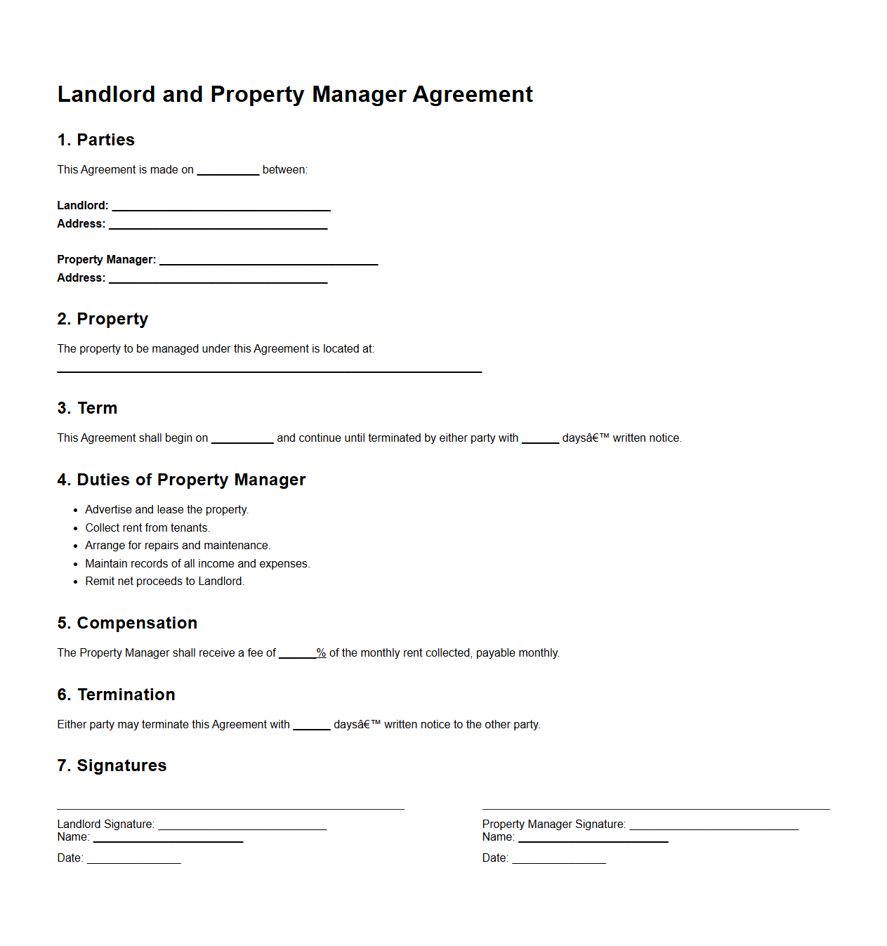 Landlord and Property Manager Agreement Sample