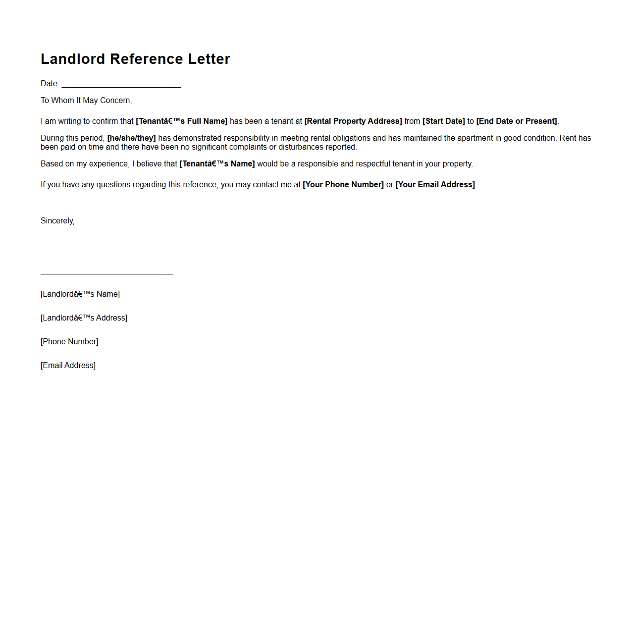 Landlord Reference Letter Template for Apartment Application