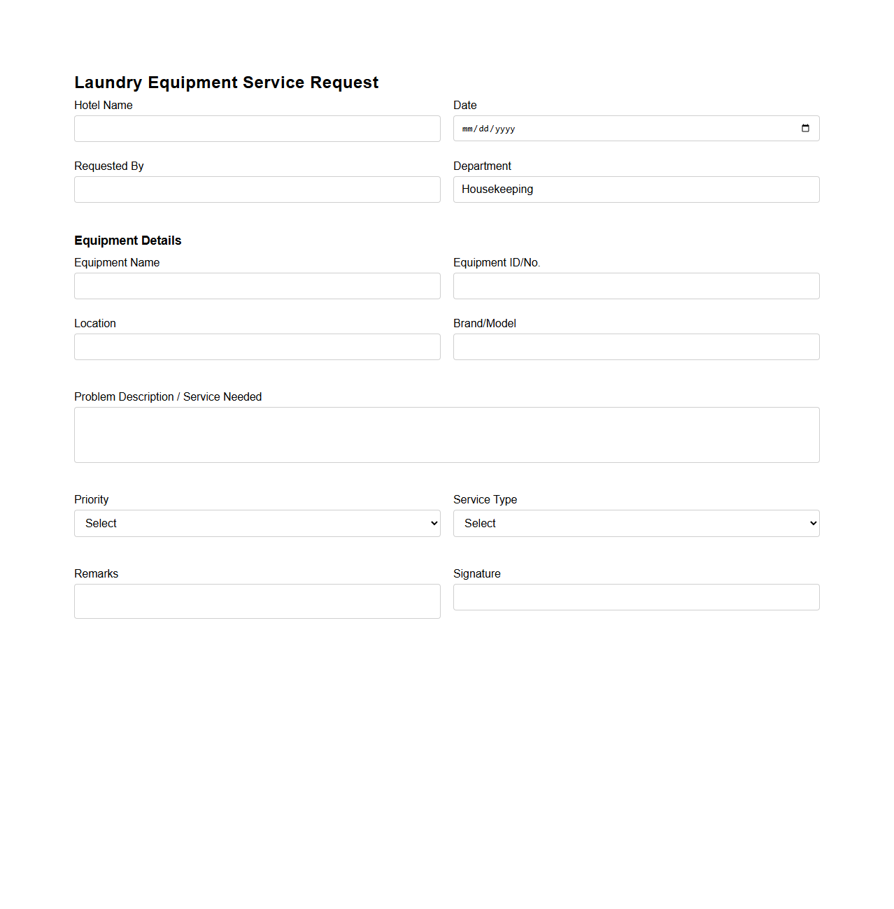 Laundry Equipment Service Request Sample for Hotel Housekeeping