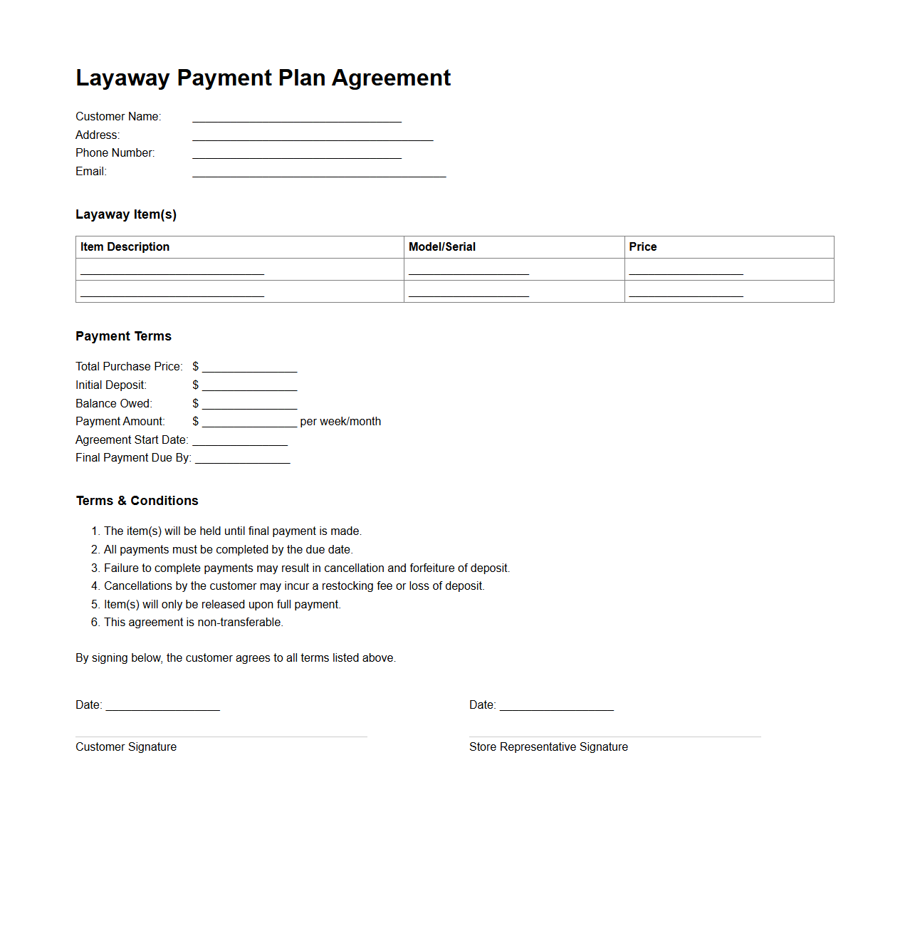 Layaway Payment Plan Agreement Sample for Electronics
