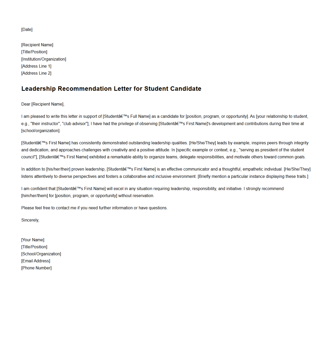 Leadership Recommendation Letter for Student Candidate