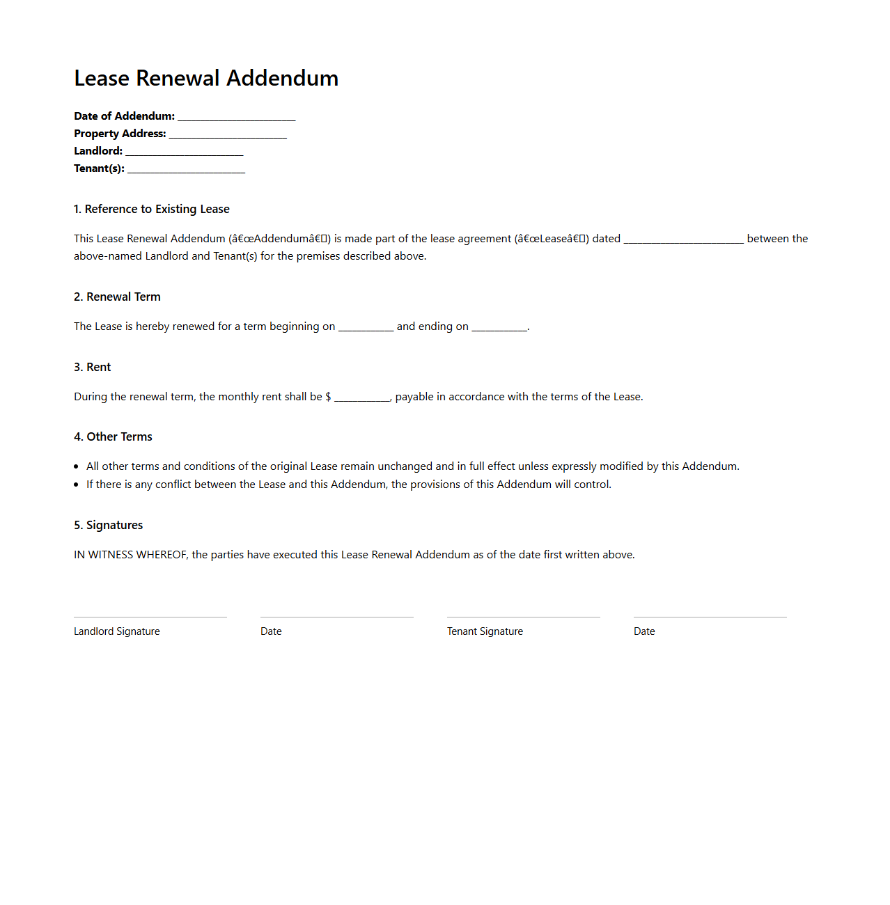 Lease Renewal Addendum Document Sample