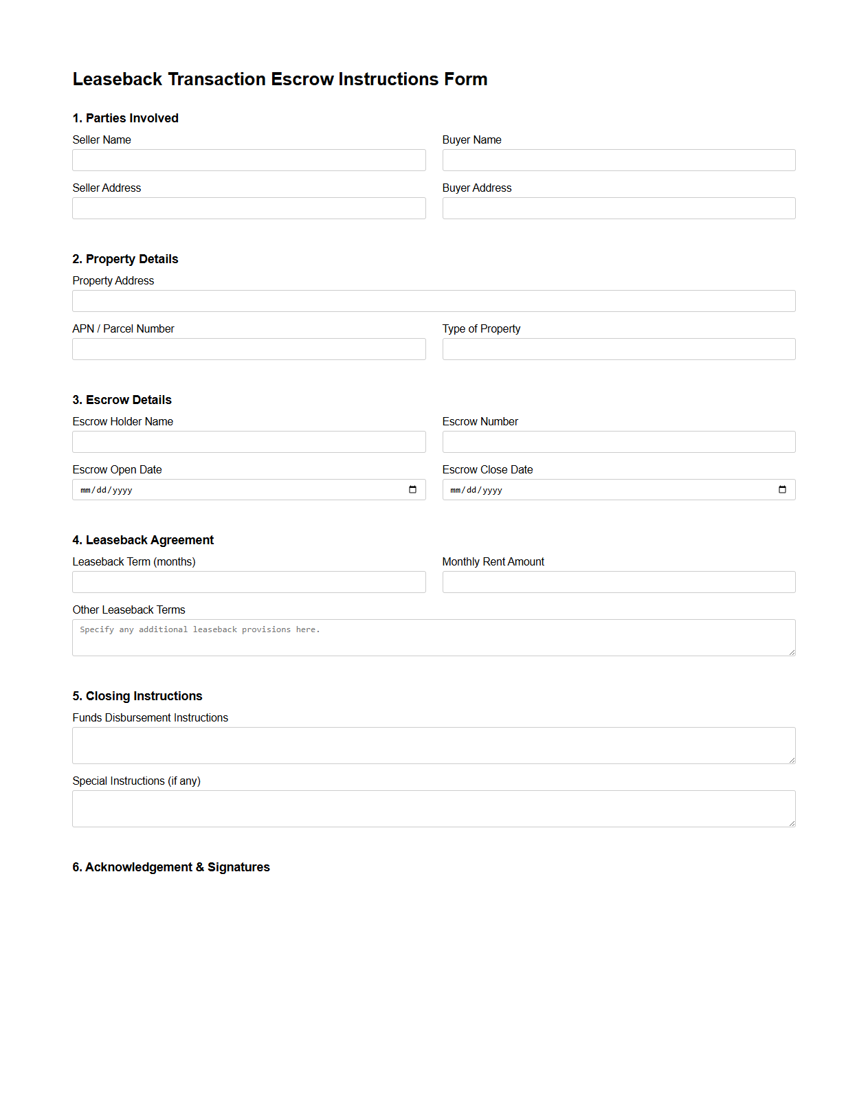 Leaseback Transaction Escrow Instructions Form