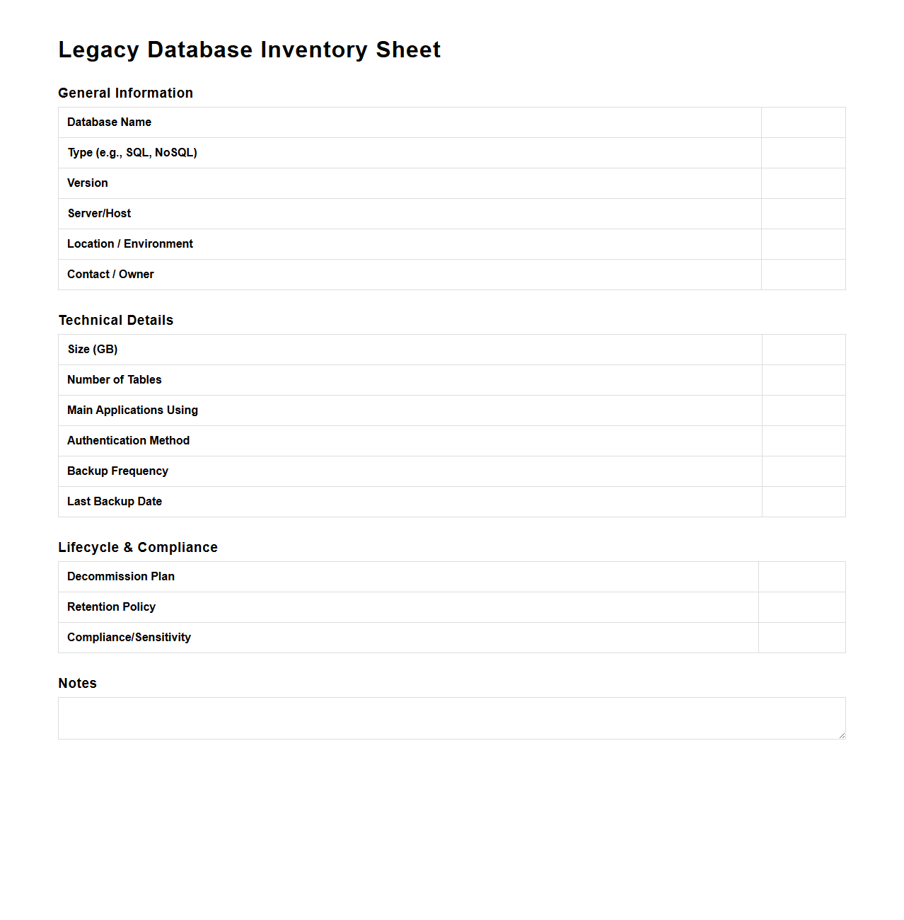 Legacy Database Inventory Sheet