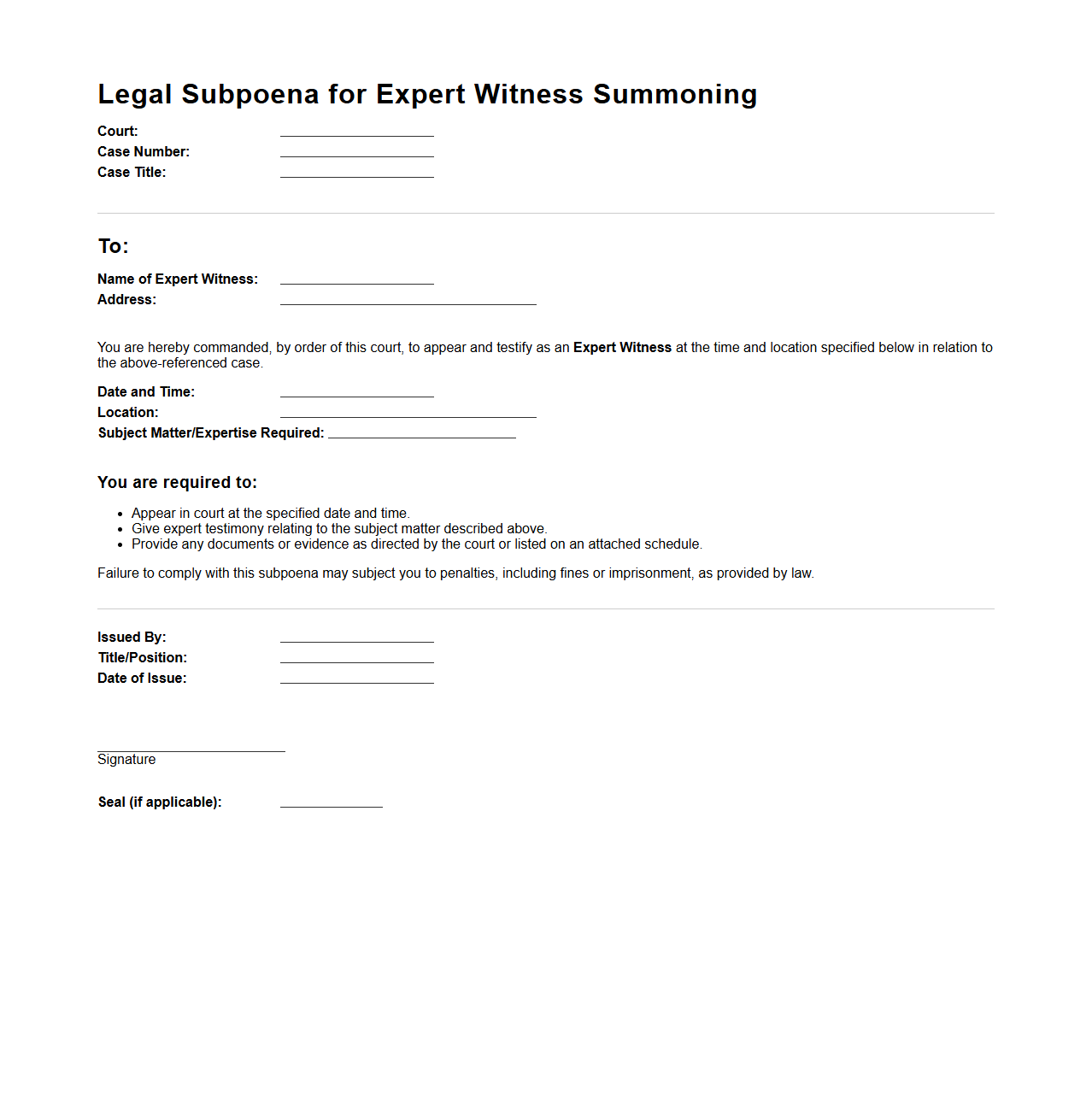 Legal Subpoena for Expert Witness Summoning