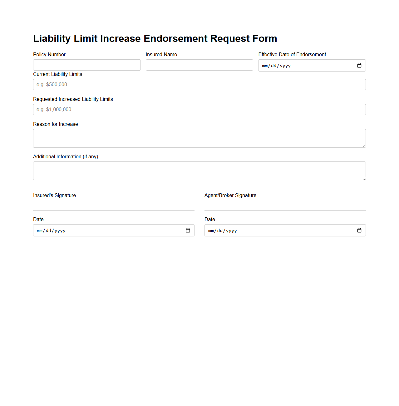 Liability Limit Increase Endorsement Request Form
