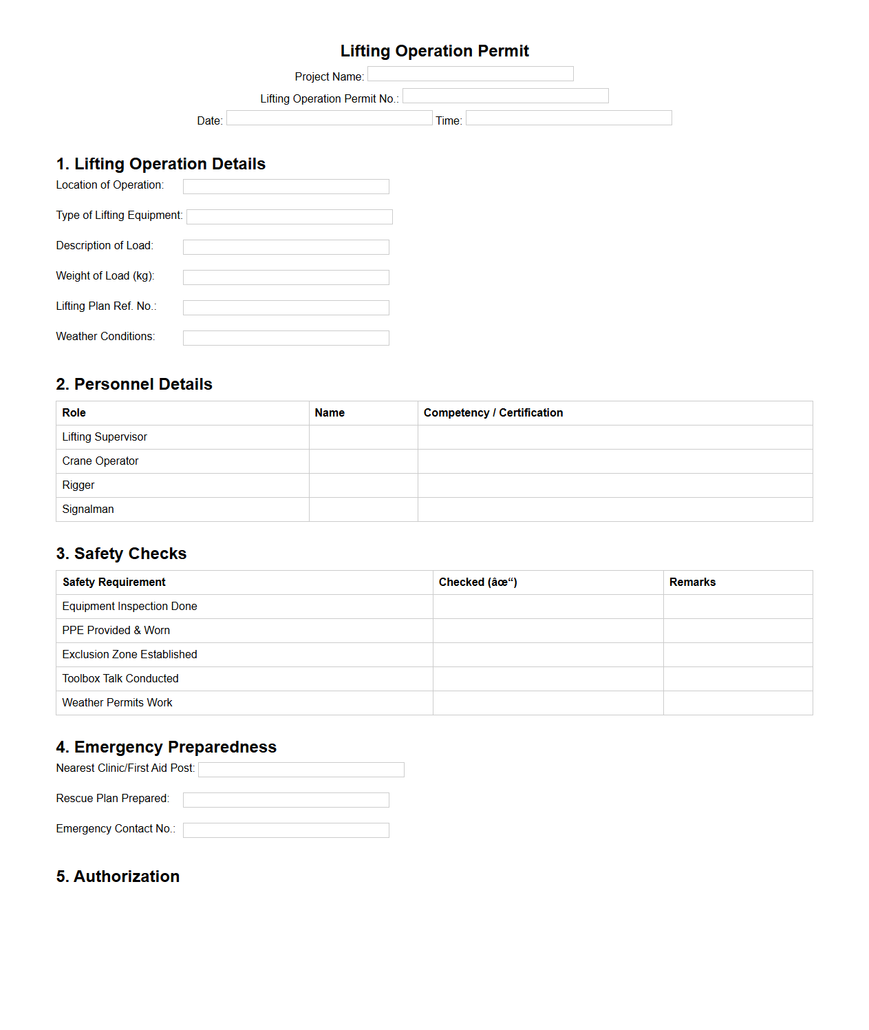 Lifting Operation Permit Format for Construction Projects