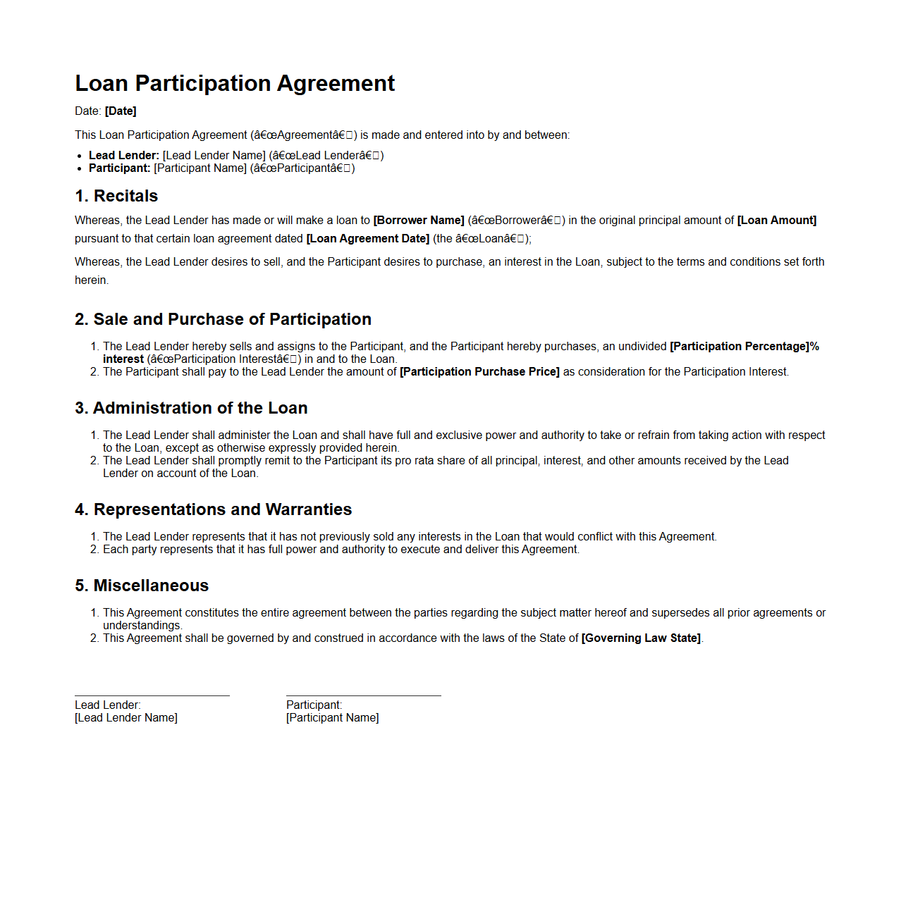 Loan Participation Agreement Sample for Structured Finance