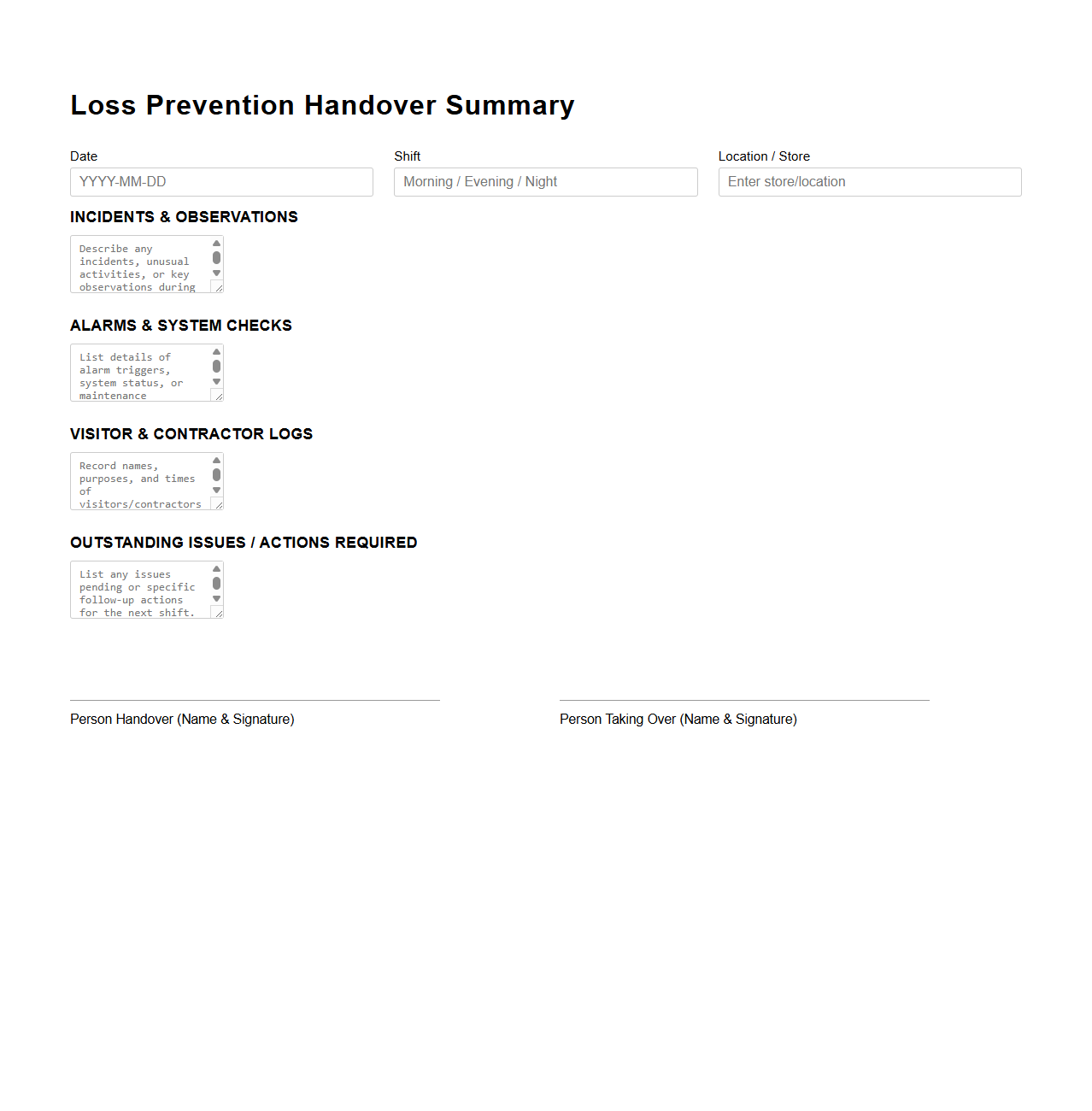 Loss Prevention Handover Summary