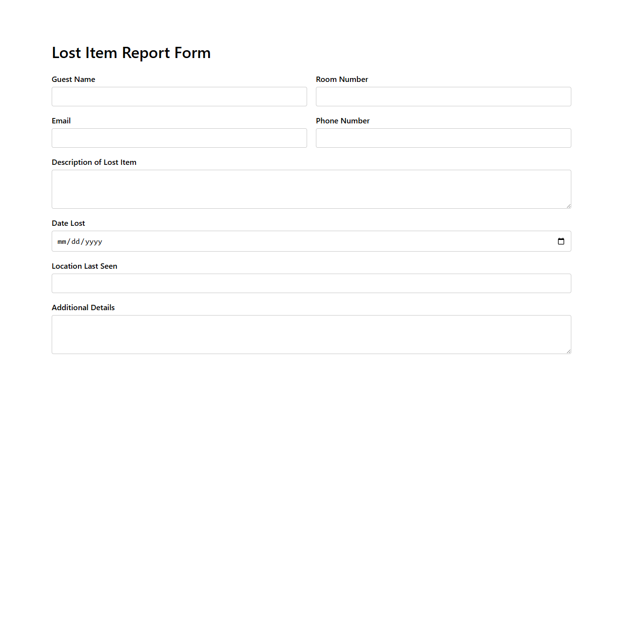 Lost Item Report Form for Hotel Guests