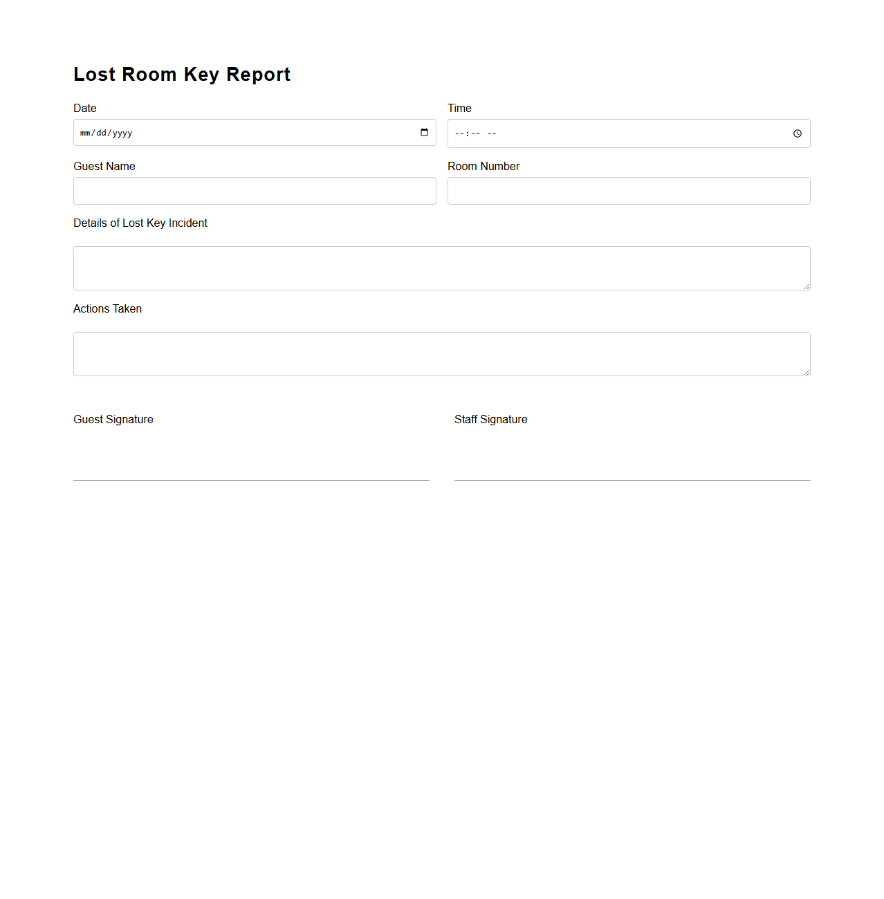 Lost Room Key Report for Front Desk