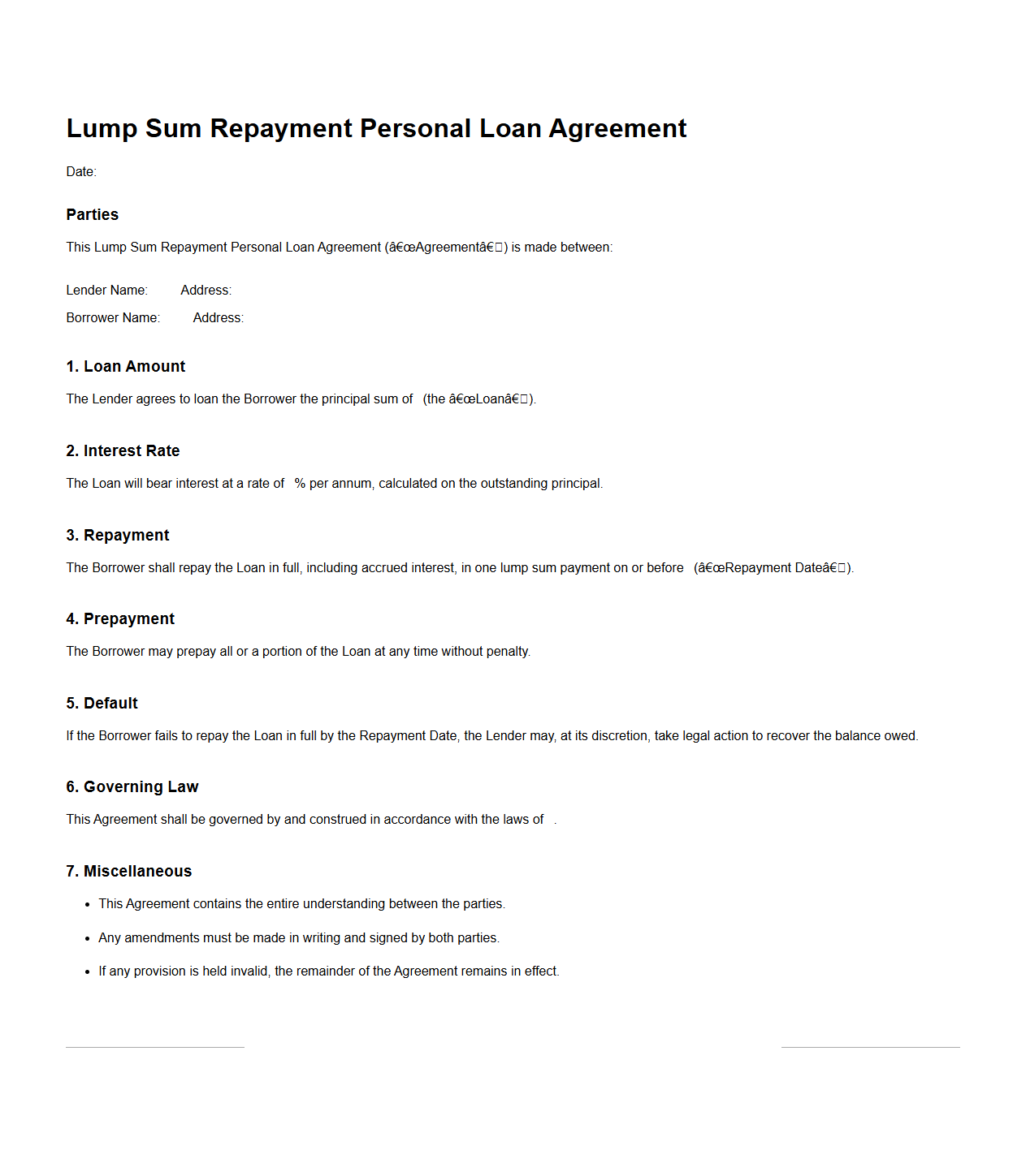 Lump Sum Repayment Personal Loan Agreement