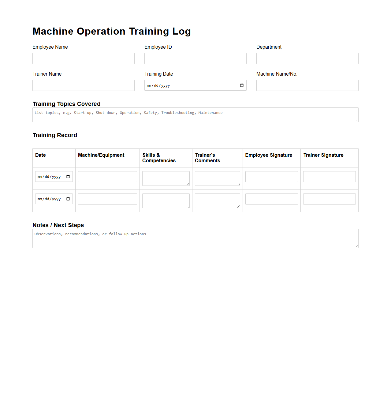 Machine Operation Training Log for Production Workers