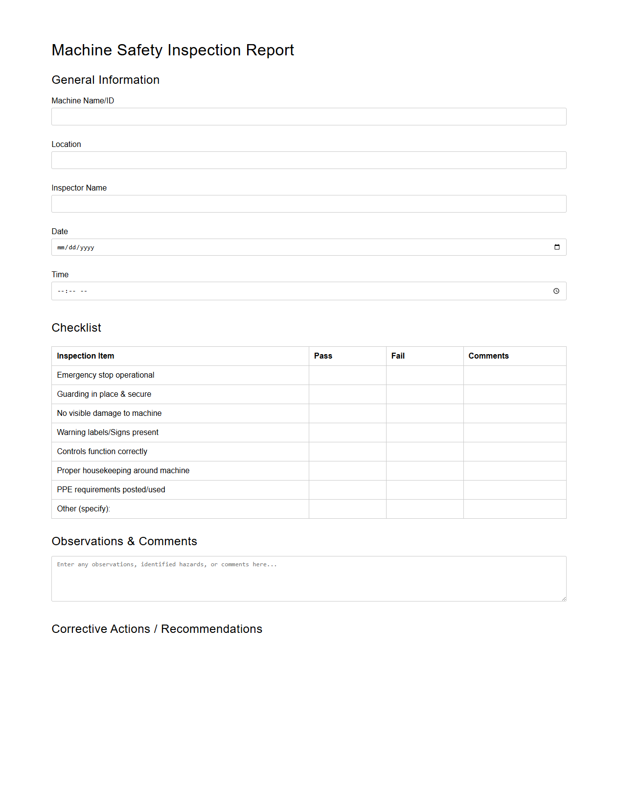 Machine Safety Inspection Report Template