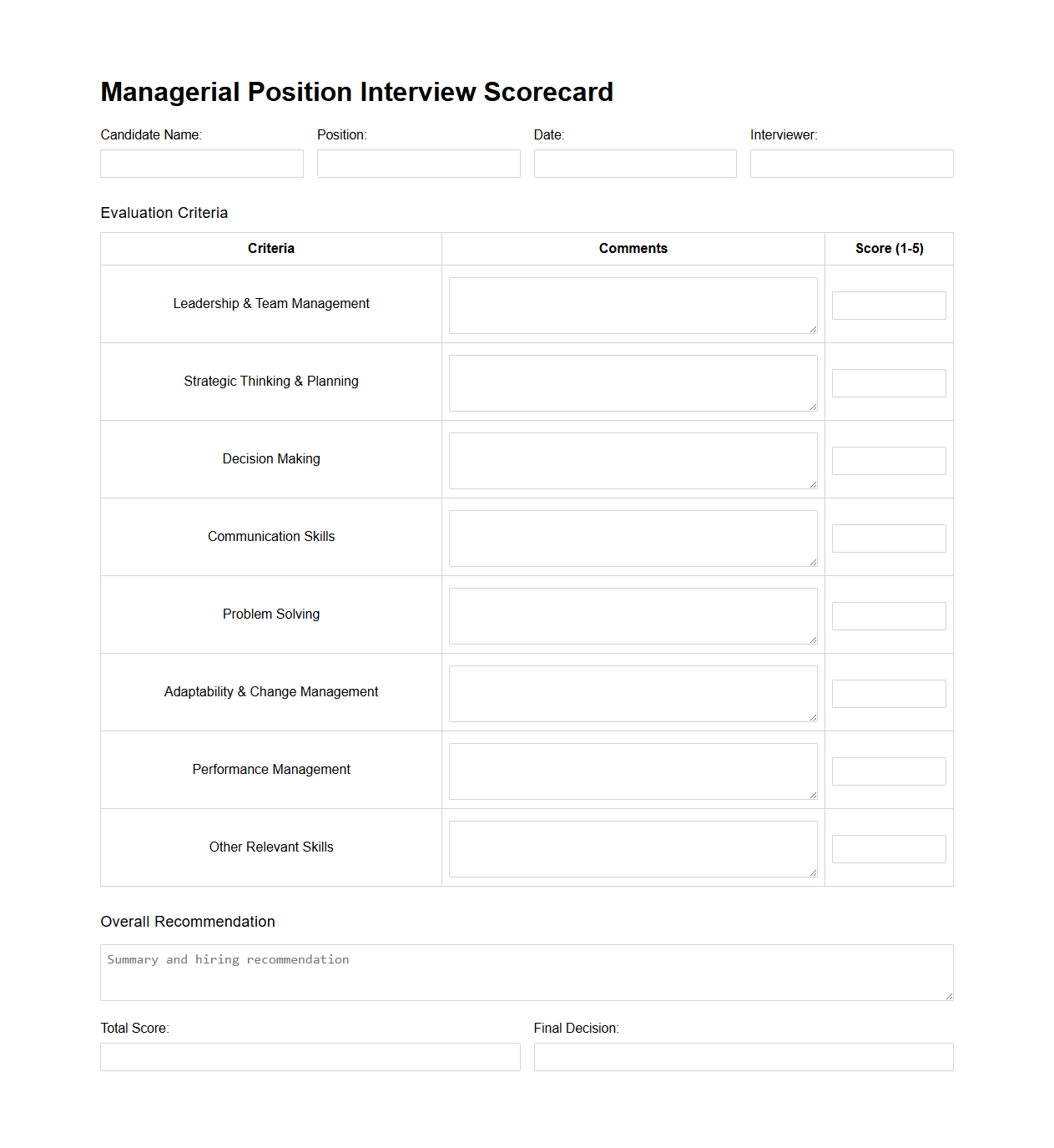 Managerial Position Interview Scorecard