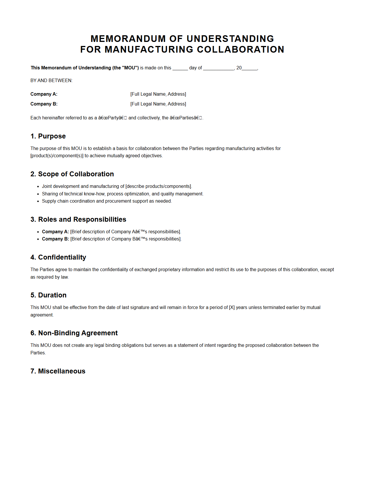 Manufacturing Collaboration MOU Document Example