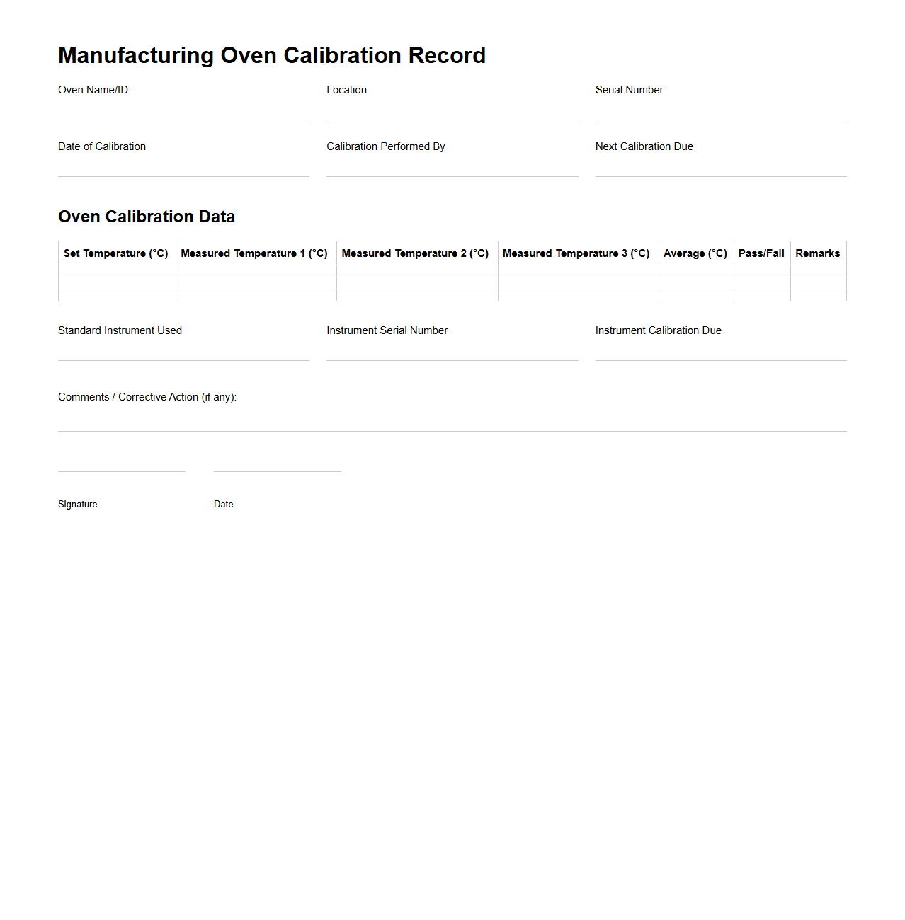 Manufacturing Oven Calibration Record Template