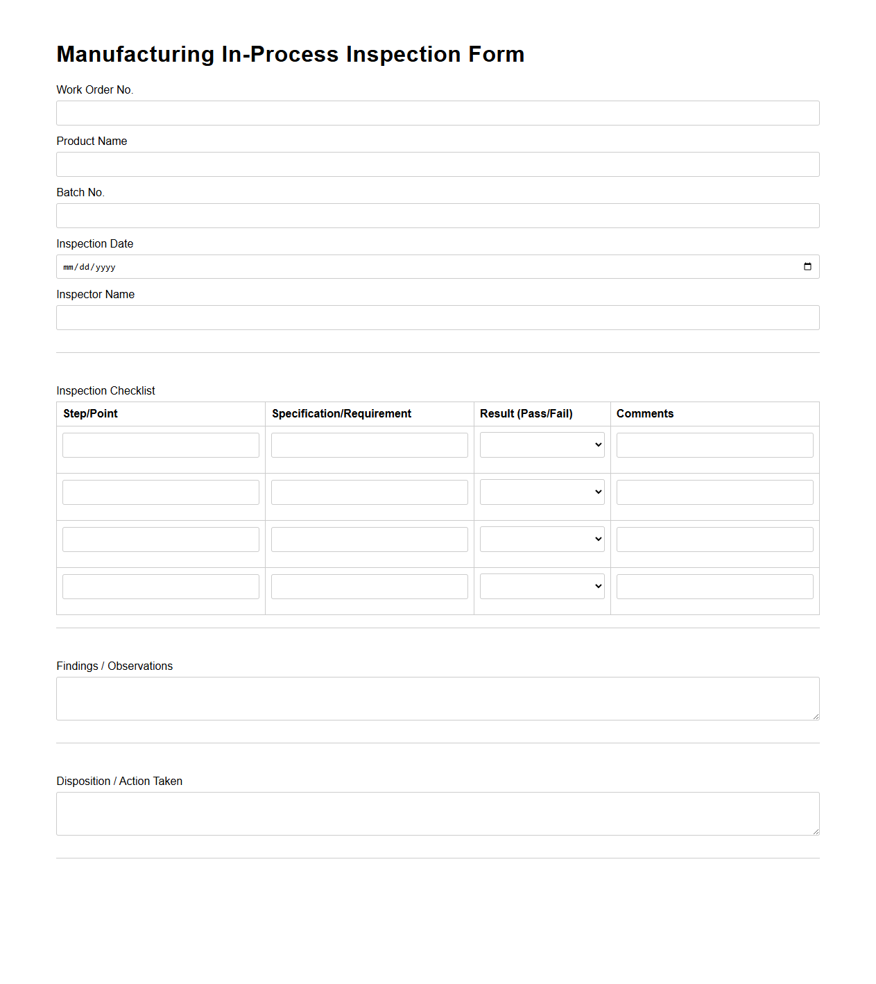 Manufacturing In-Process Inspection Form Sample