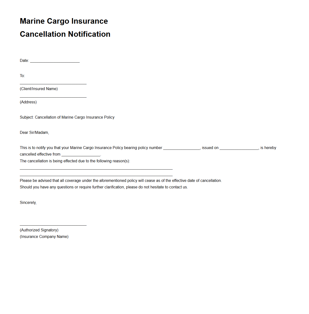 Marine Cargo Insurance Cancellation Notification Template