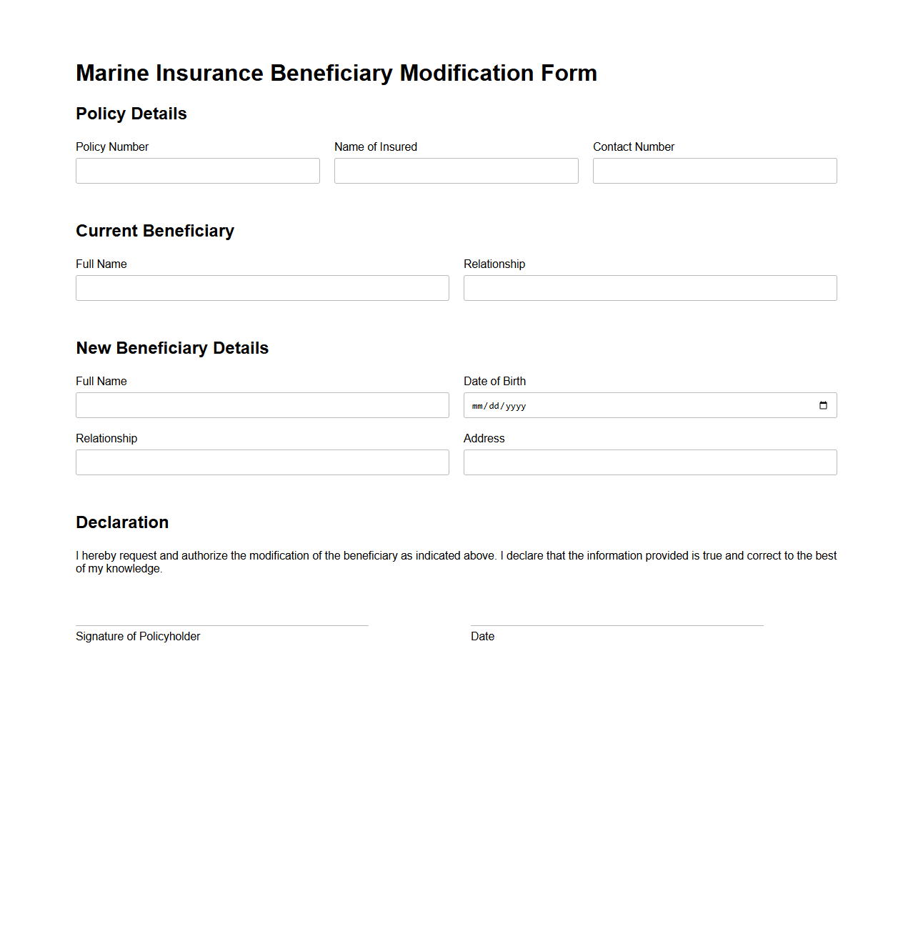 Marine Insurance Beneficiary Modification Form