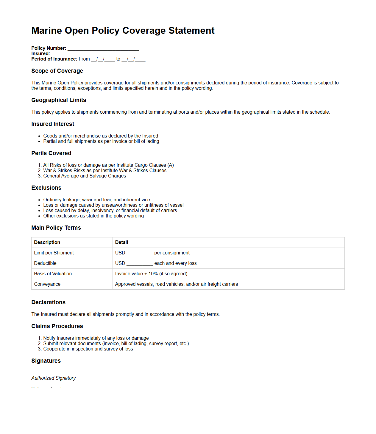 Marine Open Policy Coverage Statement Sample