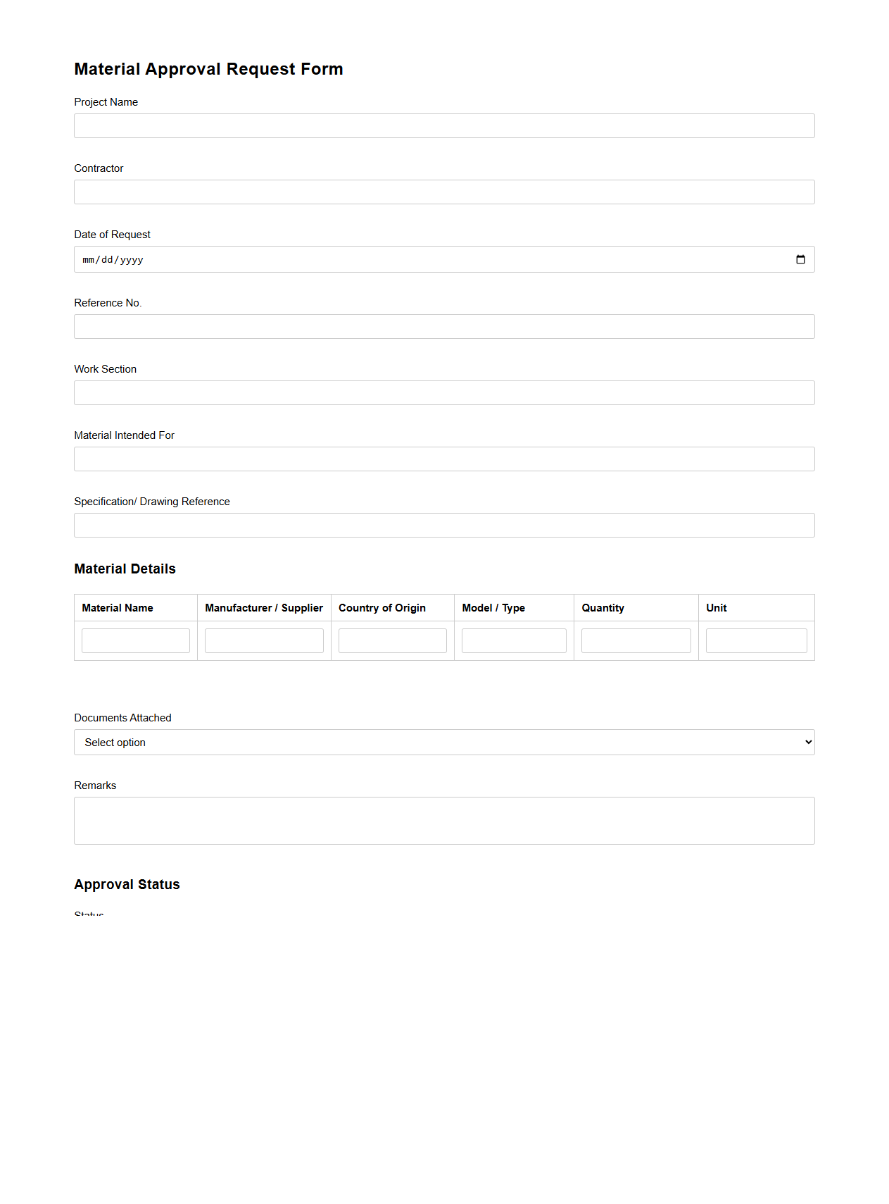 Material Approval Request Form for Construction Works