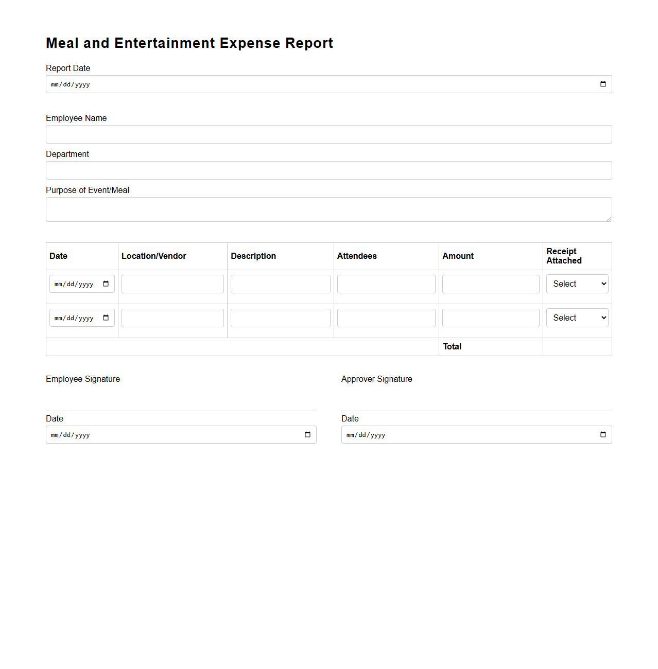 Meal and Entertainment Expense Report Format