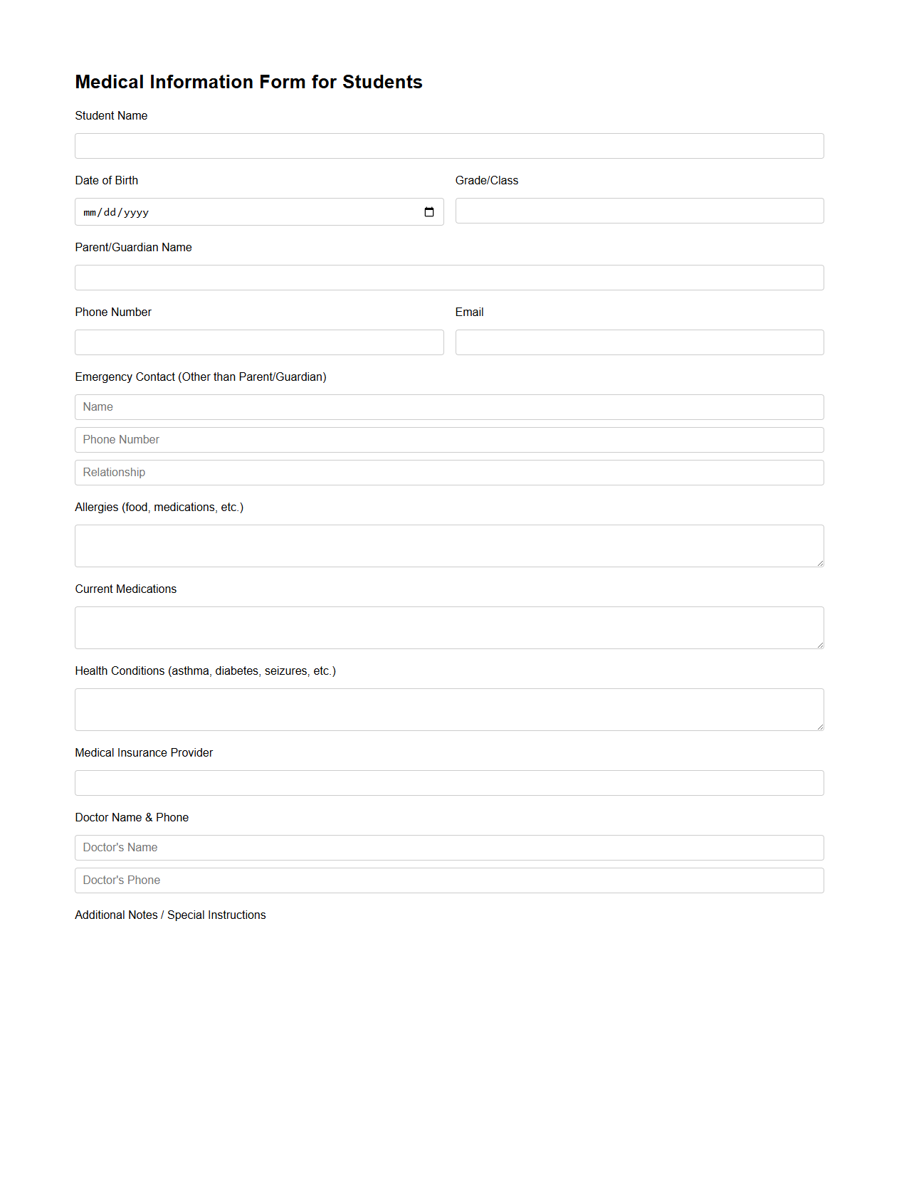 Medical Information Form for Students
