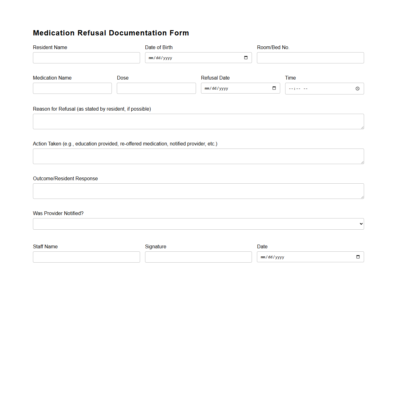 Medication Refusal Documentation Form for Care Facilities