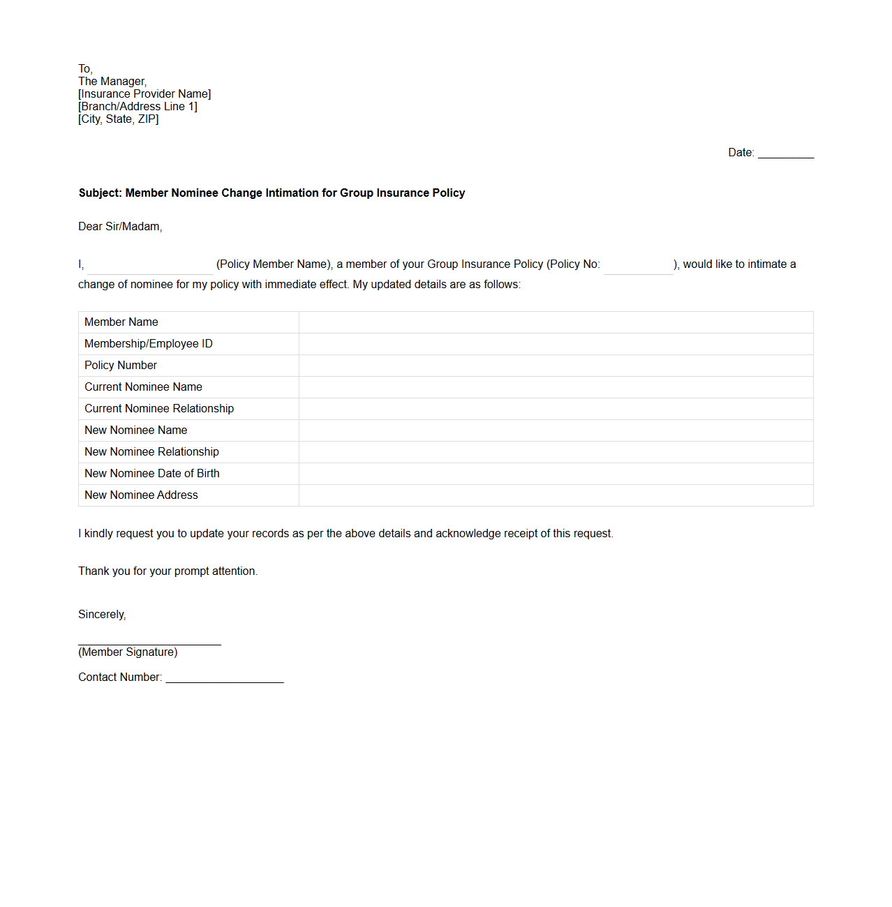Member Nominee Change Intimation Letter for Group Insurance