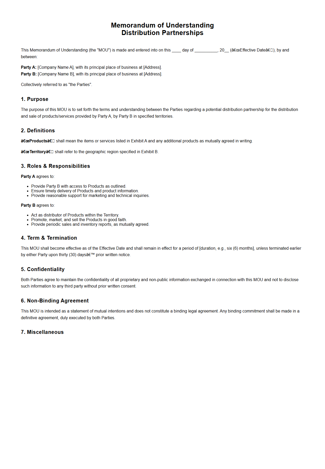 Memorandum of Understanding for Distribution Partnerships