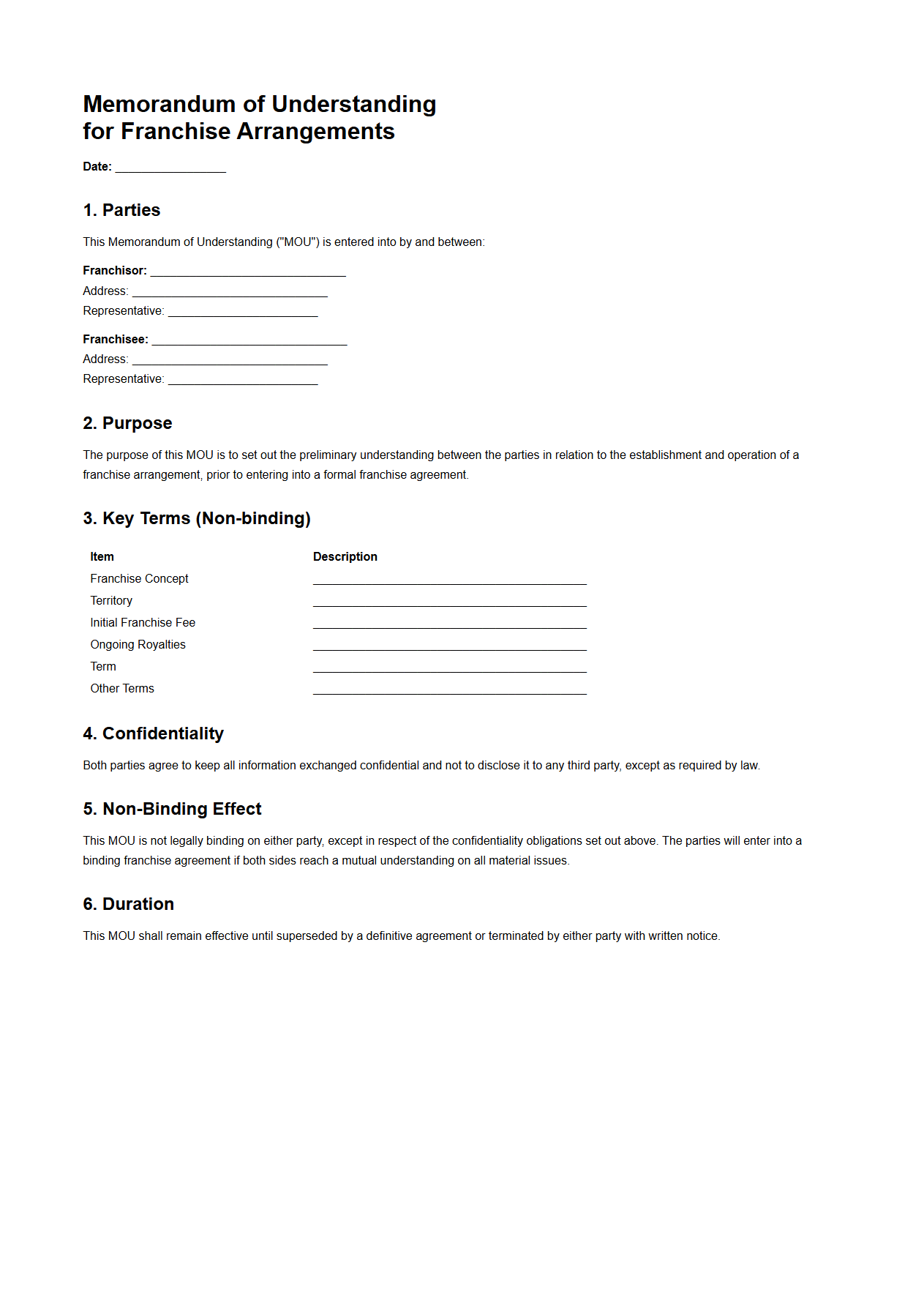Memorandum of Understanding for Franchise Arrangements