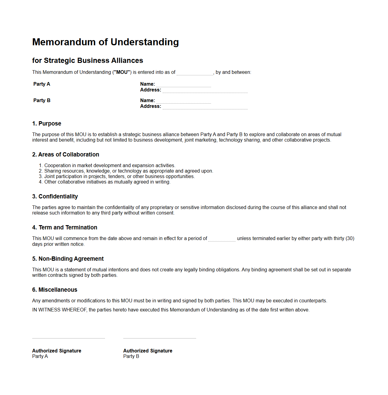 Memorandum of Understanding for Strategic Business Alliances