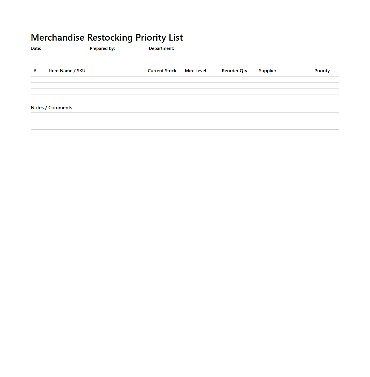 Merchandise Restocking Priority List Template
