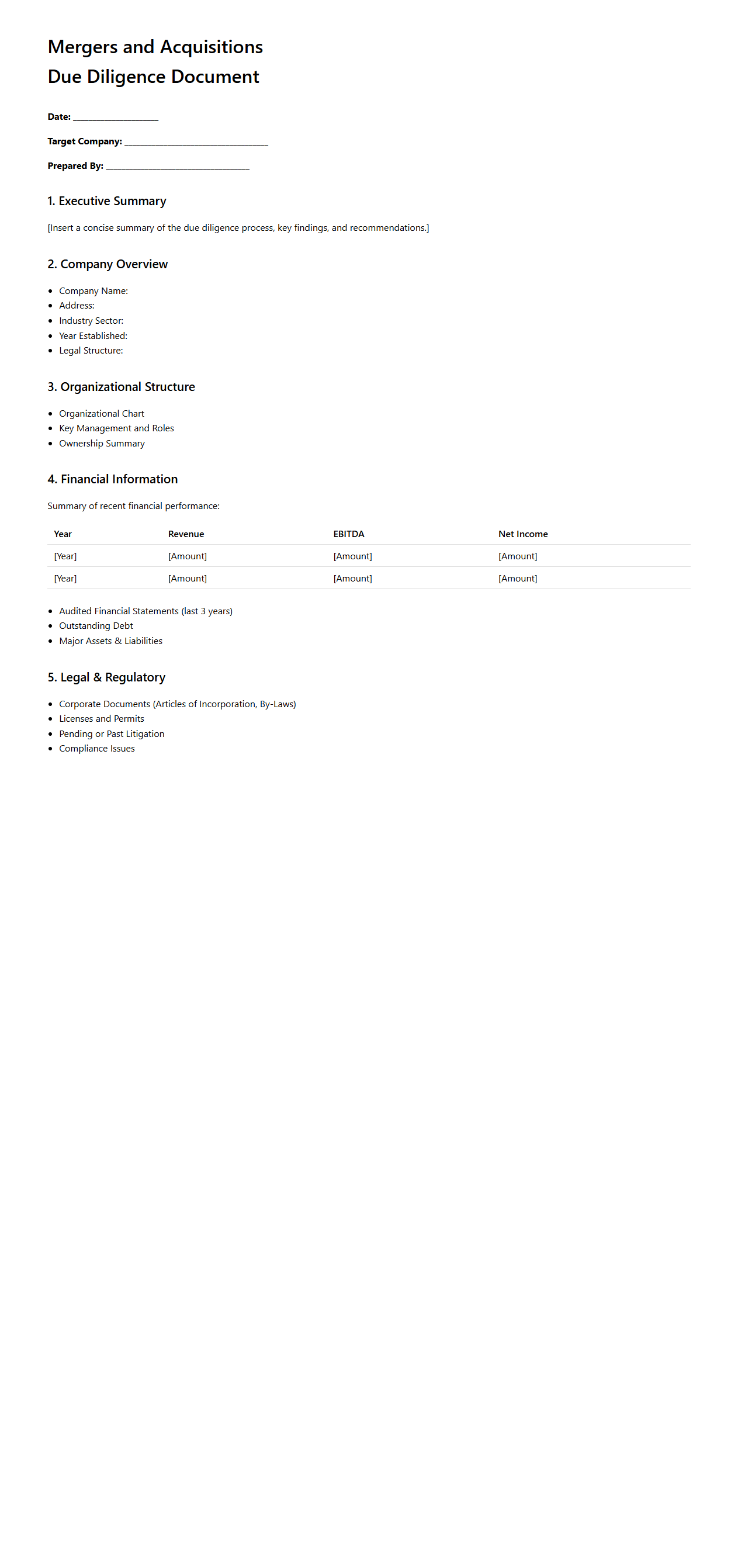 Mergers and Acquisitions Due Diligence Document