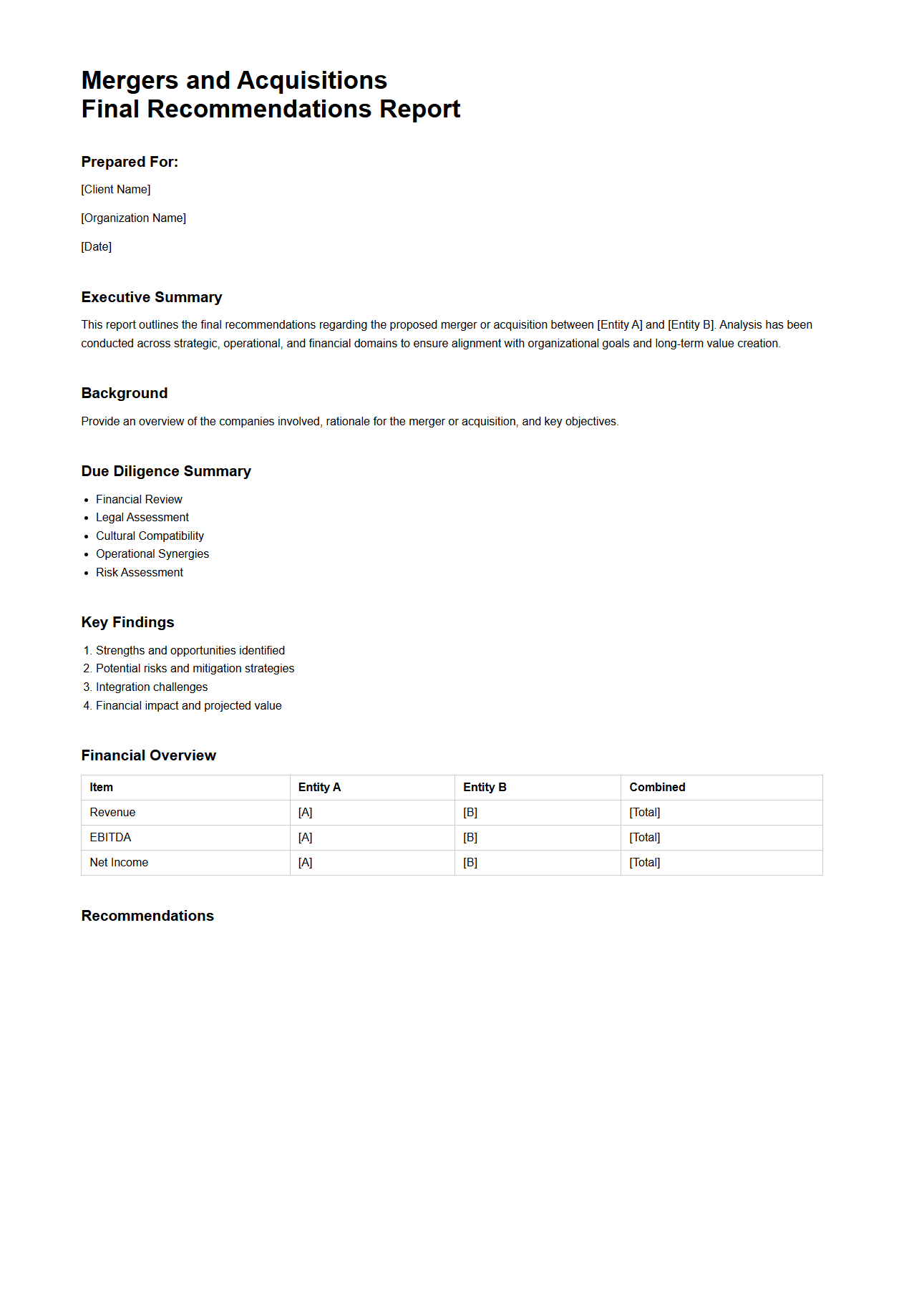 Mergers and Acquisitions Final Recommendations Report