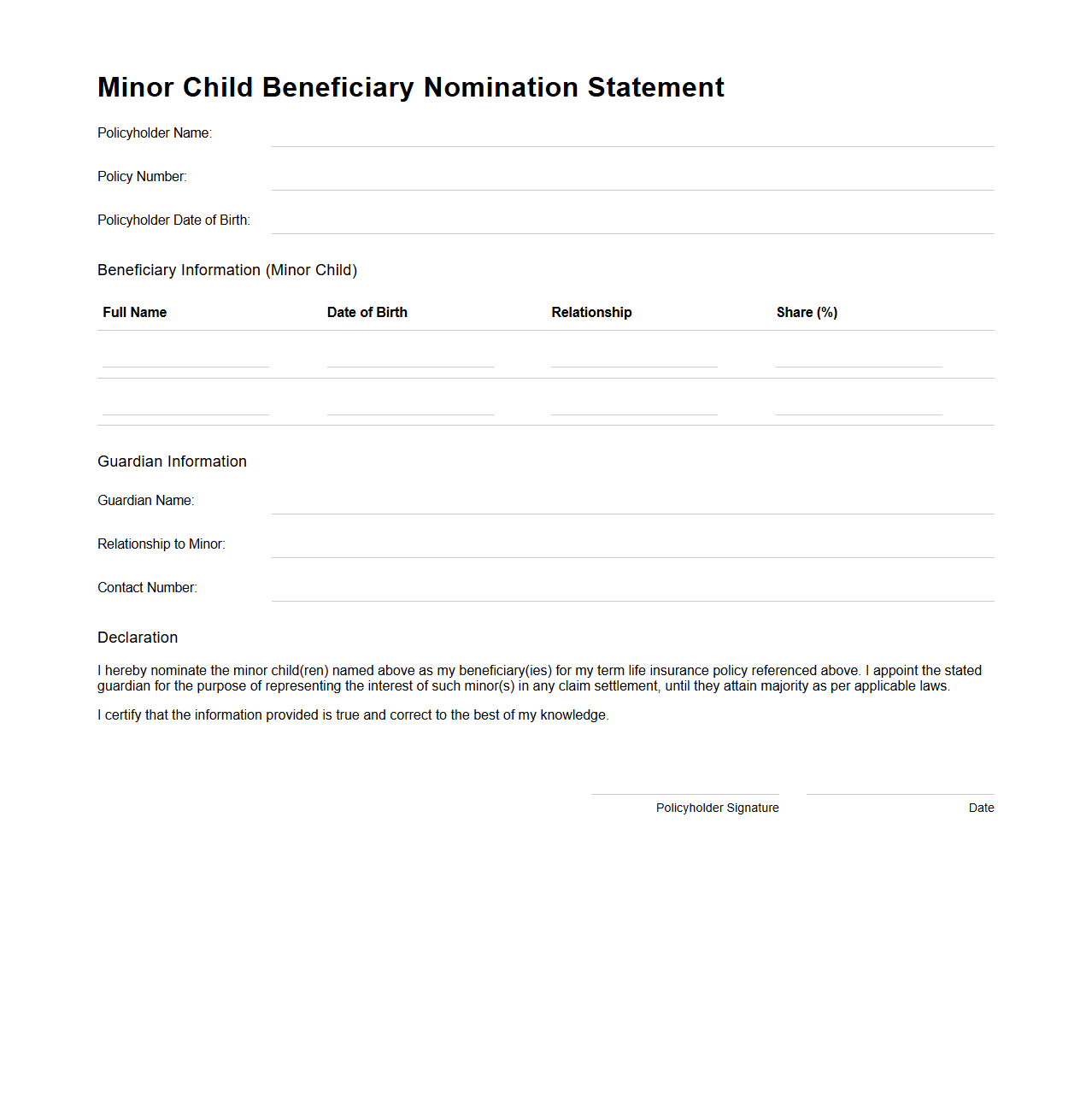 Minor Child Beneficiary Nomination Statement for Term Life Insurance