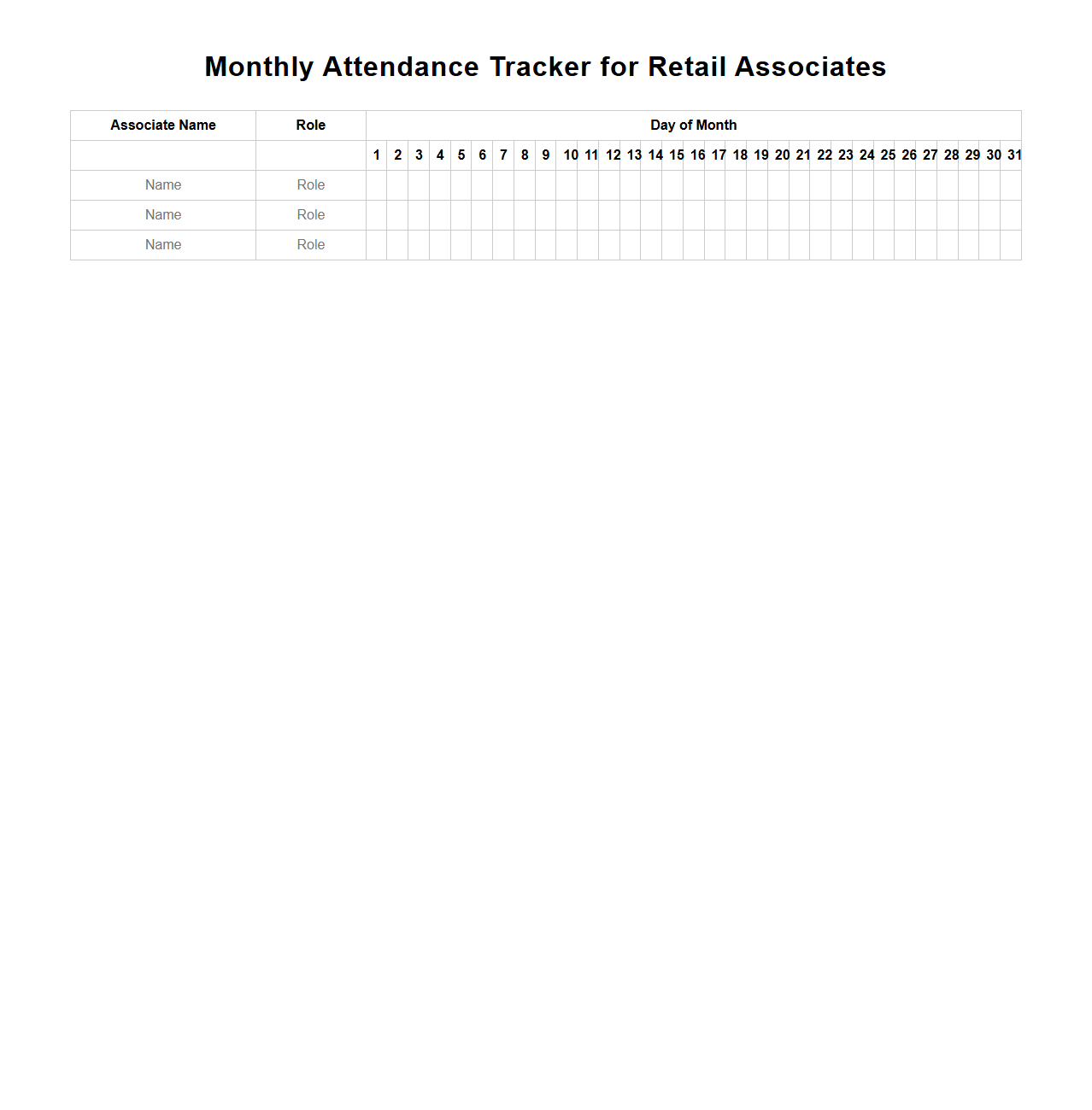 Monthly Attendance Tracker for Retail Associates